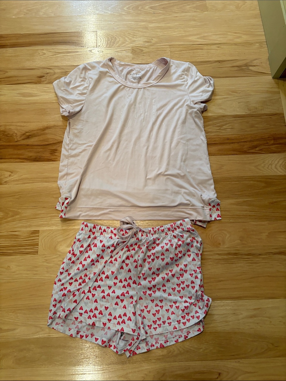 Rae Dunn Light Pink Short Sleeve Top with Heart-Print Shorts